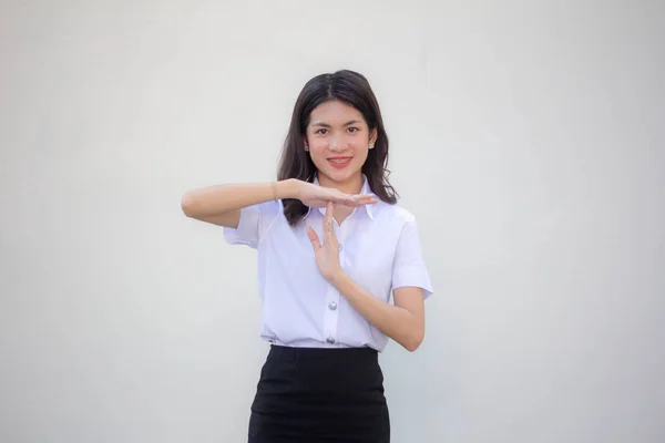 Tailandés Adulto Estudiante Universidad Uniforme Hermosa Chica Tiempo Fuera —  Fotos de Stock