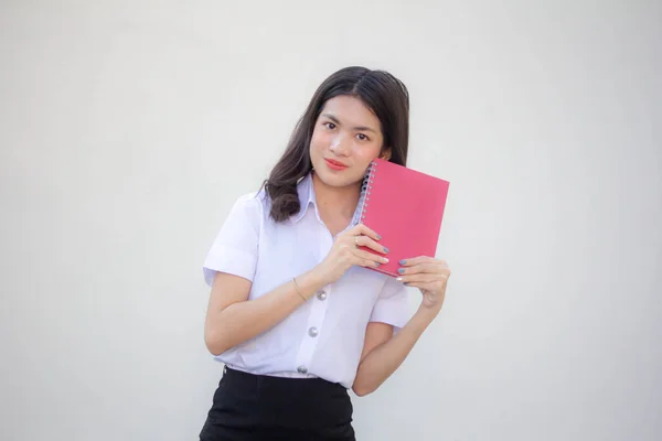 Tailandês Adulto Estudante Universidade Uniforme Bela Menina Mostrar Vermelho Livro — Fotografia de Stock