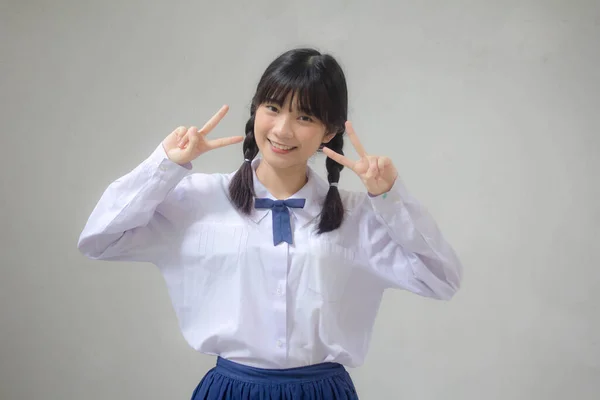 Portrait Thai High School Student Uniform Beautiful Girl Victory — Stock Photo, Image