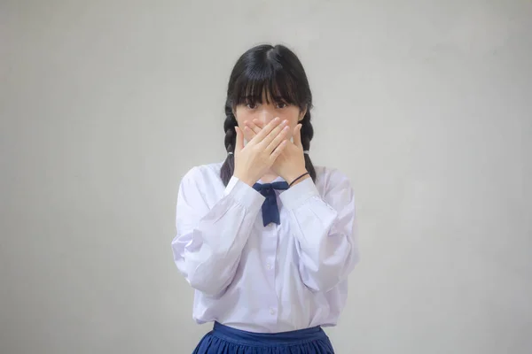 Retrato Tailandés Estudiante Secundaria Uniforme Hermosa Chica Hablar —  Fotos de Stock