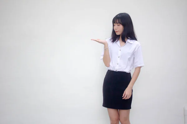 Thai Volwassen Student Universiteit Uniform Mooi Meisje Show Hand — Stockfoto
