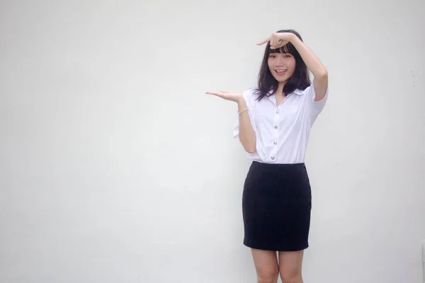 Thai Adult Student University Uniform Beautiful Girl Show Hand — Stock Photo, Image