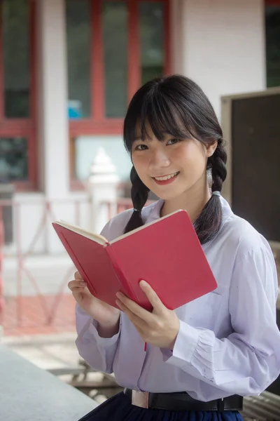 Tailandés Escuela Secundaria Estudiante Uniforme Adolescente Hermosa Chica Feliz Relajarse — Foto de Stock