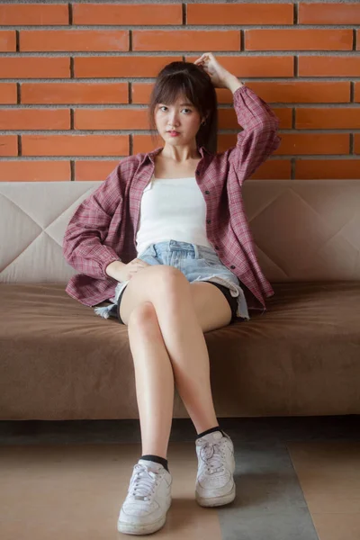 Asia Thai Japansk Tonåring Vit Shirt Vacker Flicka Glad Och — Stockfoto