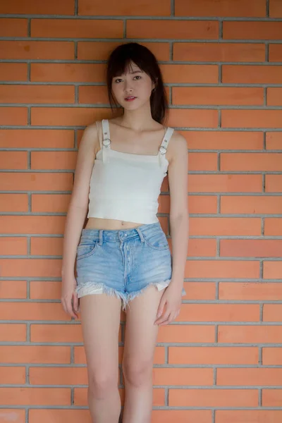 asia thai japanese teen White t-shirt beautiful girl happy and relax