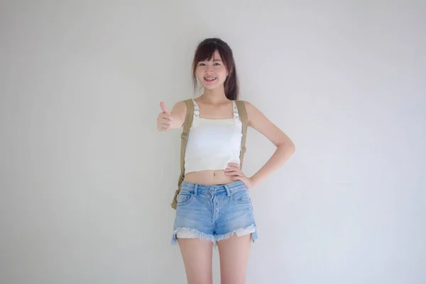 Krásná Thajská Dívka Turisté Skotské Bílá Košile Modré Džíny Jako — Stock fotografie