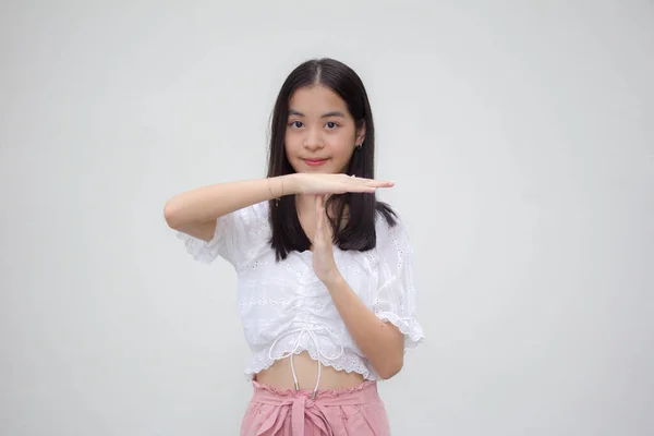 Ázsiai Thai Tini Fehér Póló Gyönyörű Lány Idő — Stock Fotó