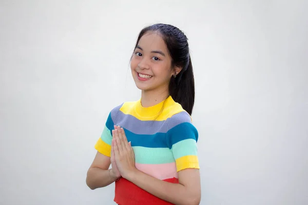 Ασία Thai Έφηβος Χρώμα Shirt Όμορφο Κορίτσι Thai Δώστε Σεβασμό — Φωτογραφία Αρχείου