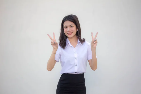 Thai Adult Student University Uniform Beautiful Girl Victory — Stock Photo, Image