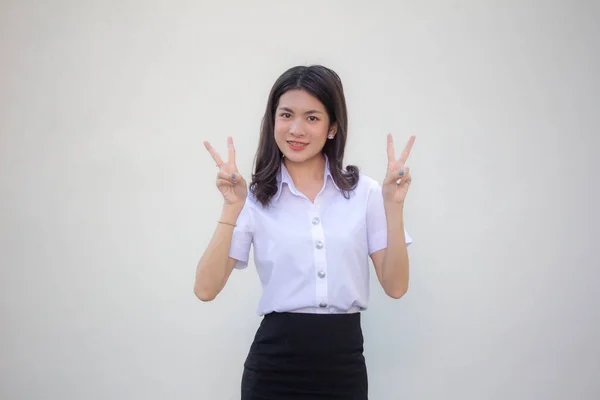 Thai Volwassen Student Universiteit Uniform Mooi Meisje Overwinning — Stockfoto