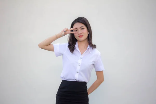 Thai Felnőtt Diák Egyetemi Egyenruha Gyönyörű Lány Győzelem — Stock Fotó