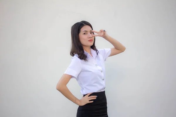 Thai Volwassen Student Universiteit Uniform Mooi Meisje Overwinning — Stockfoto