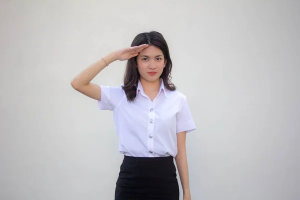 Thai Adult Student University Uniform Beautiful Girl Salute — стоковое фото