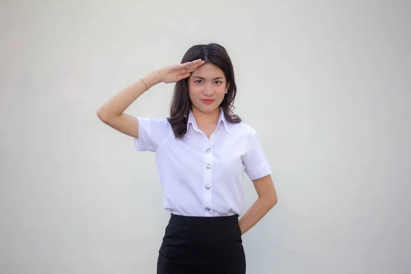 Tailandês Adulto Estudante Universidade Uniforme Bela Menina Saudação — Fotografia de Stock