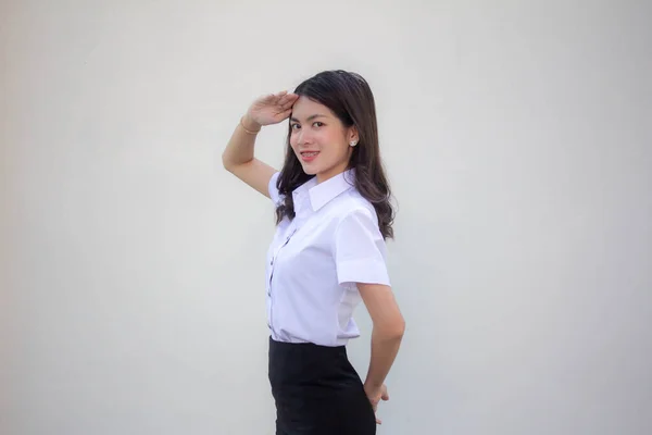 Tailandés Adulto Estudiante Universidad Uniforme Hermosa Chica Saludo —  Fotos de Stock