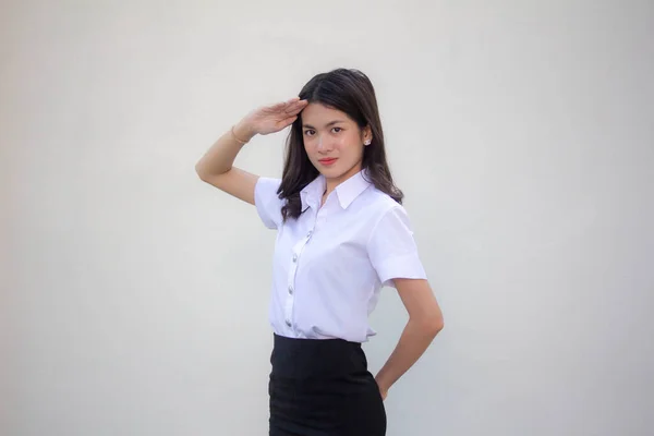 Thai Adult Student University Uniform Beautiful Girl Salute — Stock Photo, Image