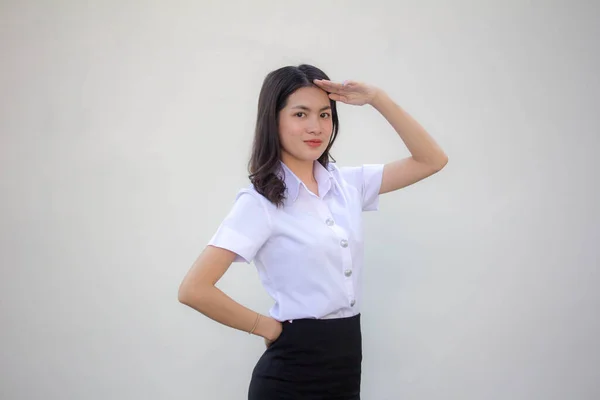 Tailandés Adulto Estudiante Universidad Uniforme Hermosa Chica Saludo —  Fotos de Stock