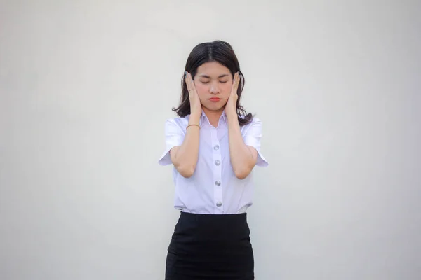 Tailandés Adulto Estudiante Universidad Uniforme Hermosa Chica Escuchar — Foto de Stock