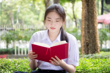 Asya Taylandlı lise öğrencisi üniforması. Güzel kız bir kitap okumuş.
