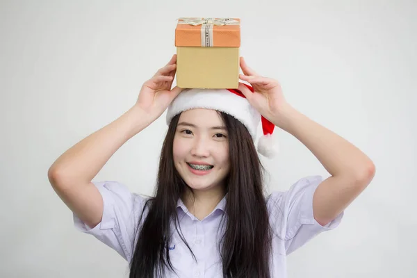 Portrait Thai China High School Student Uniform Beautiful Girl Hold — Stock Photo, Image