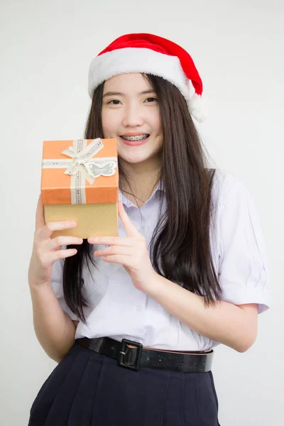 Portrait Thai China High School Student Uniform Beautiful Girl Hold — Stock Photo, Image
