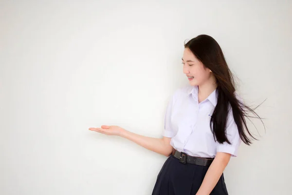 Portrét Thajské Vysoké Školy Student Uniforma Krásná Dívka Ukazuje — Stock fotografie