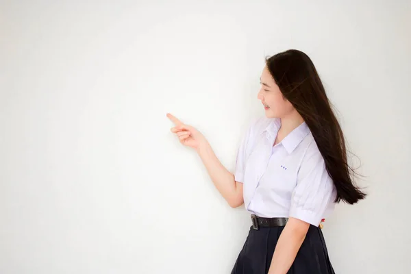 Portrait Thai High School Student Uniform Beautiful Girl Pointing — Stock Photo, Image