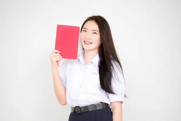 Asia Thai High School Student Uniform Beautiful Girl Read Book — Stock Photo, Image