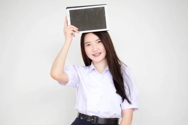 Portrait Thai High School Student Uniform Beautiful Girl Using Her — Stok fotoğraf