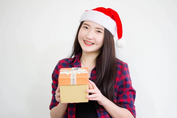 Portrait Thai China Teen Beautiful Girl Hold Gift Box Hands — Stock Photo, Image