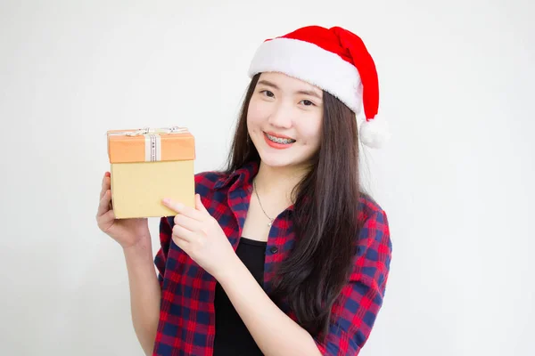 Portrait Thai China Teen Beautiful Girl Hold Gift Box Hands — Stock Photo, Image