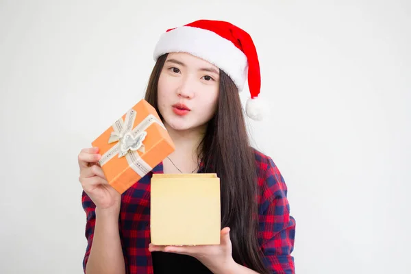 Portrait Thai China Teen Beautiful Girl Hold Gift Box Hands — Stock Photo, Image