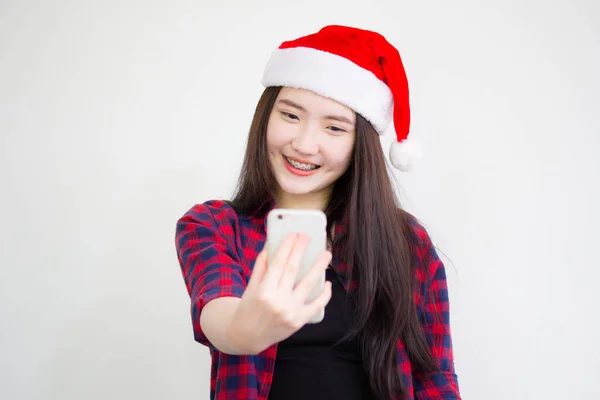 Portrait Thai China Beautiful Girl Using Her Smart Phone Selfie — Stock Photo, Image