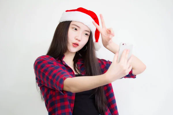 Portrait Thai China Beautiful Girl Using Her Smart Phone Selfie — Stock Photo, Image