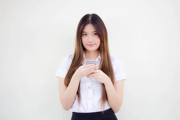 Portrait Thai Adult Student University Uniform Beautiful Girl Using Her — Stock Photo, Image