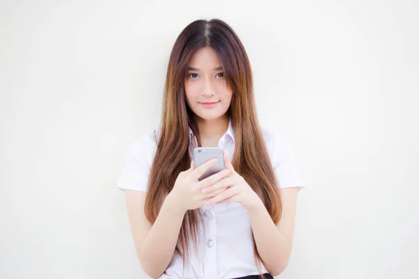 Πορτρέτο Του Thai Ενηλίκων Φοιτητής Πανεπιστήμιο Ομοιόμορφη Όμορφη Κοπέλα Χρησιμοποιώντας — Φωτογραφία Αρχείου