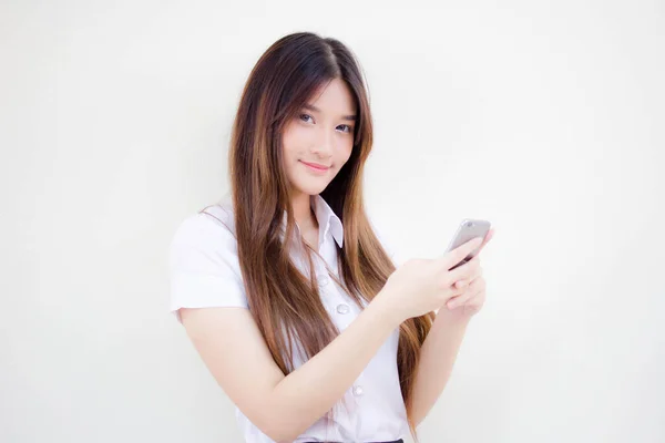Portrét Thajské Dospělé Studentské Univerzity Uniforma Krásná Dívka Pomocí Svého — Stock fotografie
