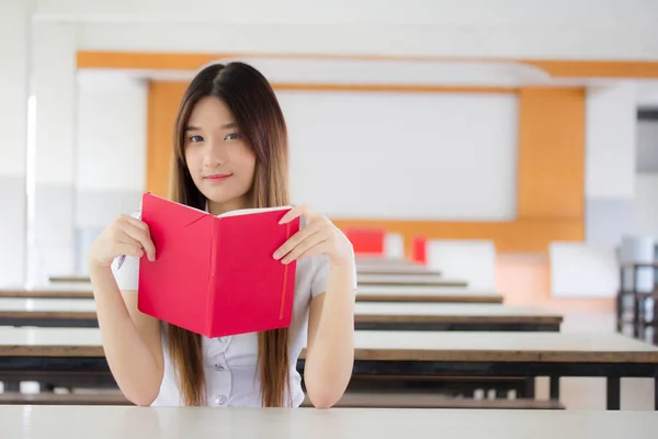 Portrait Thai Adult Student University Uniform Beautiful Girl Reading Red — Stock Photo, Image