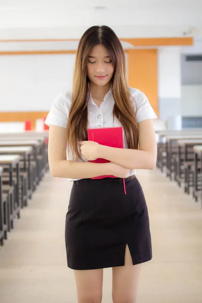 Portrait Thai Adult Student University Uniform Beautiful Girl Reading Red — Stock Photo, Image