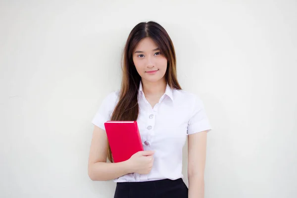 Retrato Tailandês Adulto Estudante Universidade Uniforme Bela Menina Lendo Livro — Fotografia de Stock