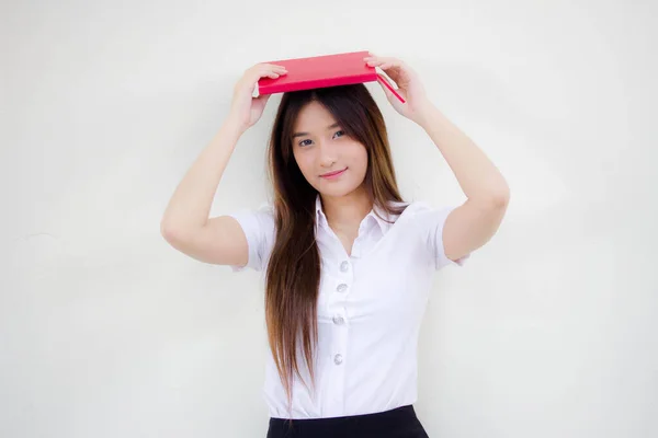 Portrait Thai Adult Student University Uniform Beautiful Girl Reading Red — Stock Photo, Image