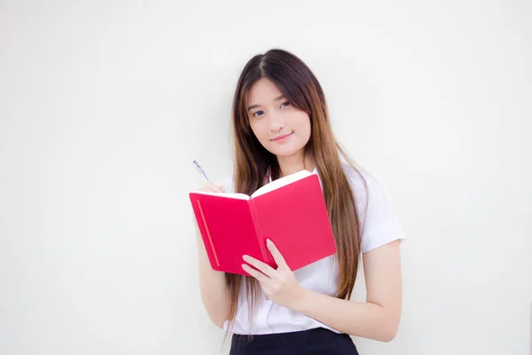 Retrato Tailandês Adulto Estudante Universidade Uniforme Bela Menina Lendo Livro — Fotografia de Stock