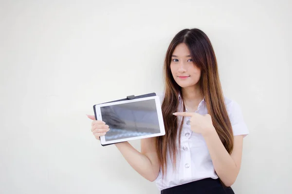 Portrait Thai Adult Student University Uniform Beautiful Girl Using Her — Stock Photo, Image