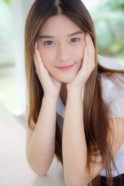 Portrait Thai Adult Student University Uniform Beautiful Girl Relax Smile — Stock Photo, Image