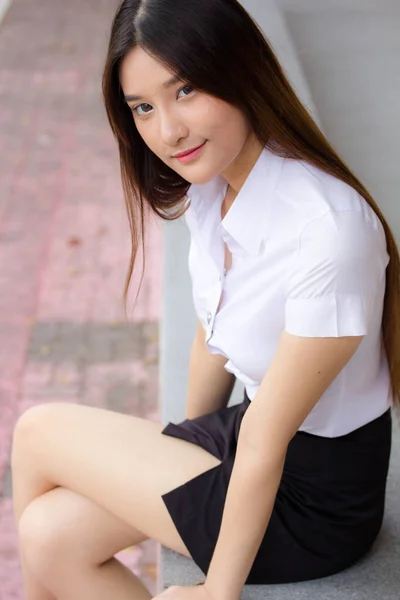 Portrait Thai Adult Student University Uniform Beautiful Girl Relax Smile — Stock Photo, Image