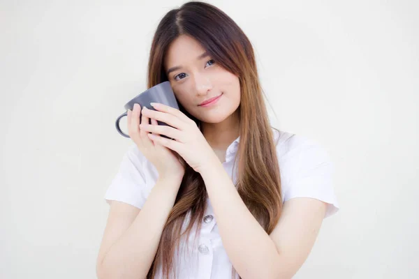 Retrato Tailandês Adulto Estudante Universidade Uniforme Belo Beber Café — Fotografia de Stock