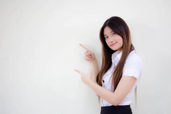 Retrato Tailandês Adulto Estudante Universidade Uniforme Bela Menina Apontando — Fotografia de Stock