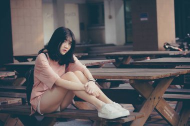 Vietnam Lisesi 'nin portresi. Güzel bir kız. Klasik tarzda mutlu.