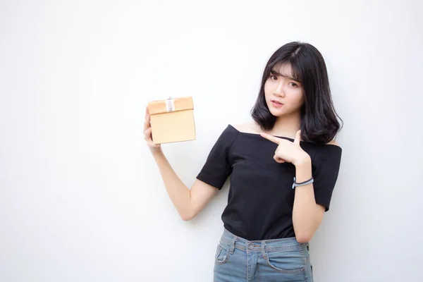 Retrato Tailandés Vietnam Adolescente Hermosa Chica Celebrar Caja Regalo Las —  Fotos de Stock