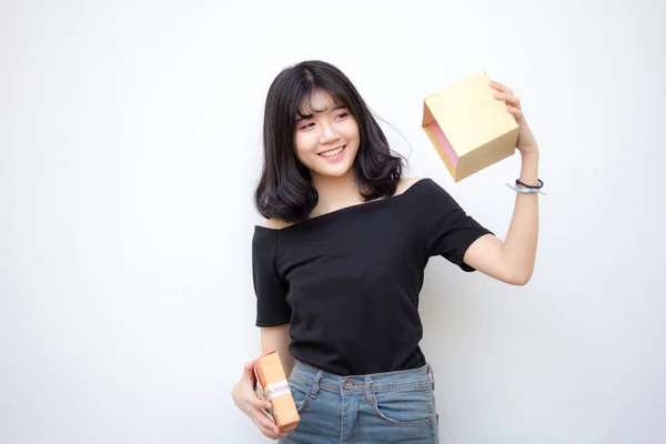 Πορτρέτο Του Thai Vietnam Έφηβος Όμορφο Κορίτσι Κρατήσει Κουτί Δώρου — Φωτογραφία Αρχείου